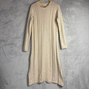 Apricot Beige Cable Knit Pointelle Sweater Dress US 12 Cotton Wool Blend Cozy